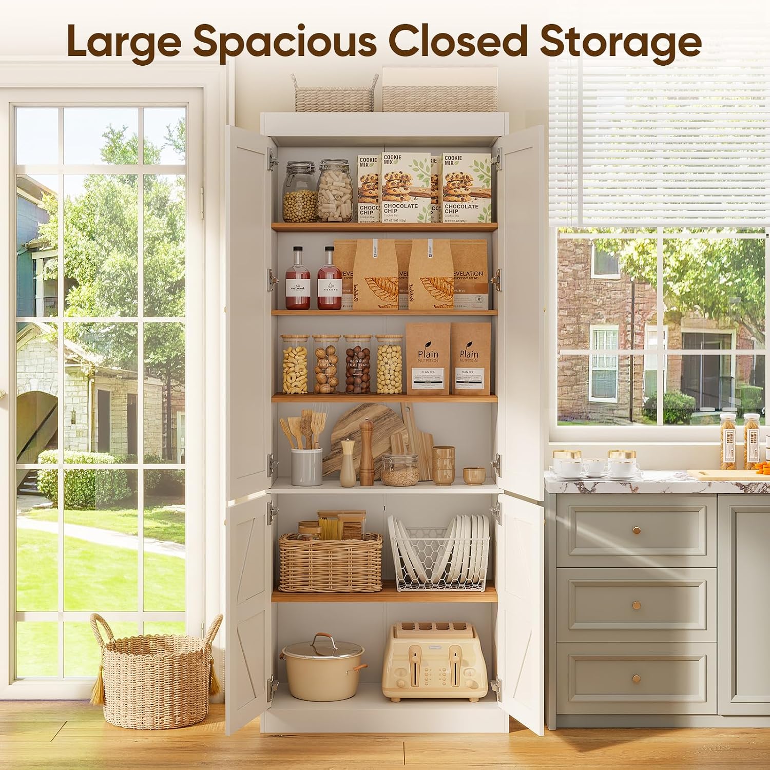 70.8" Tall Farmhouse Kitchen Pantry Cabinet with Doors, Modular Storage Cabinet with 4-Tier Adjustable Shelves, Wooden Hutch for Kitchen or Living Room, White