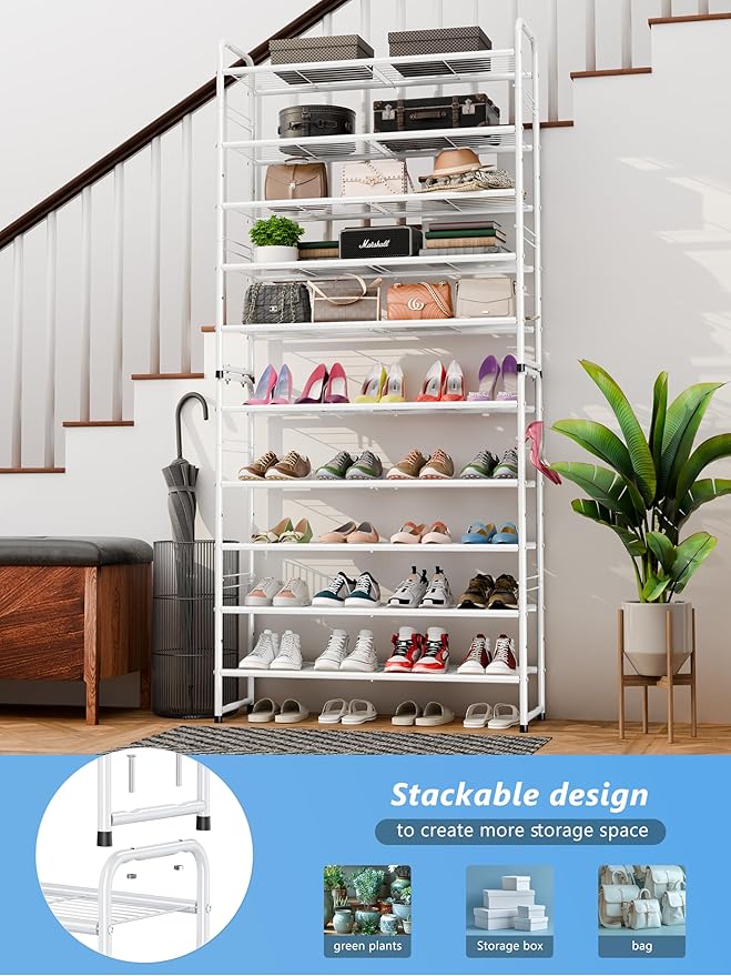 SUFAUY 33" Wide Shoe Rack, 5 Tier Shoe Storage Rack for 24-30 Pairs of Shoes, Shoe Organizer for Entryway, Steel Frame, Industrial, White