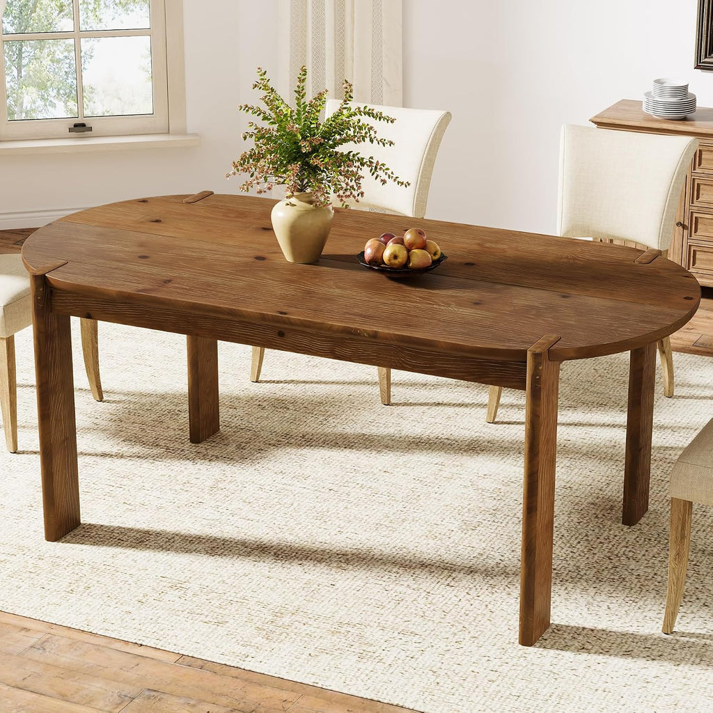 63" Solid Wood Oval Dining Table, Farmhouse Wooden Kitchen Table for 4-6, Rustic Dinner Table for Dining Room, Living Room, Apartment, Brown