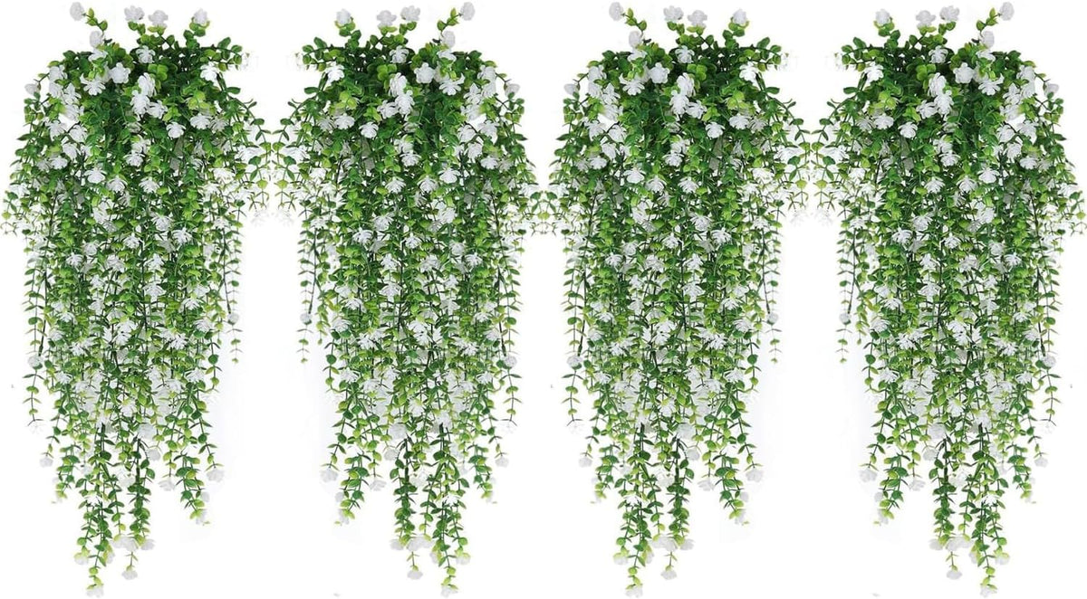 WEISPARK Artificial Hanging Flowers, 12pcs Fake Eucalyptus Vine Faux Flower Greenery Garland Plastic Plants for Indoor Outdoor Wall Garden Wedding Home Party Decor (12pcs White)