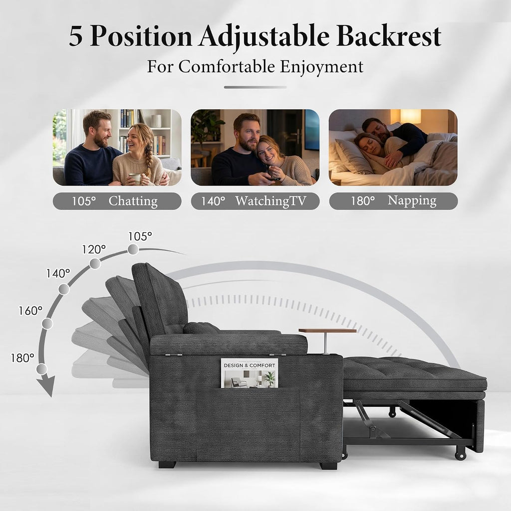 Dreamzie 65'' Convertible Sleeper Sofa Bed with Swivel Side Table, Chenille Pull Out Couch for Living Room, Loveseat Sleeper Couch with Hidden Storage Space | Charging Port | Cup Holders, Grey