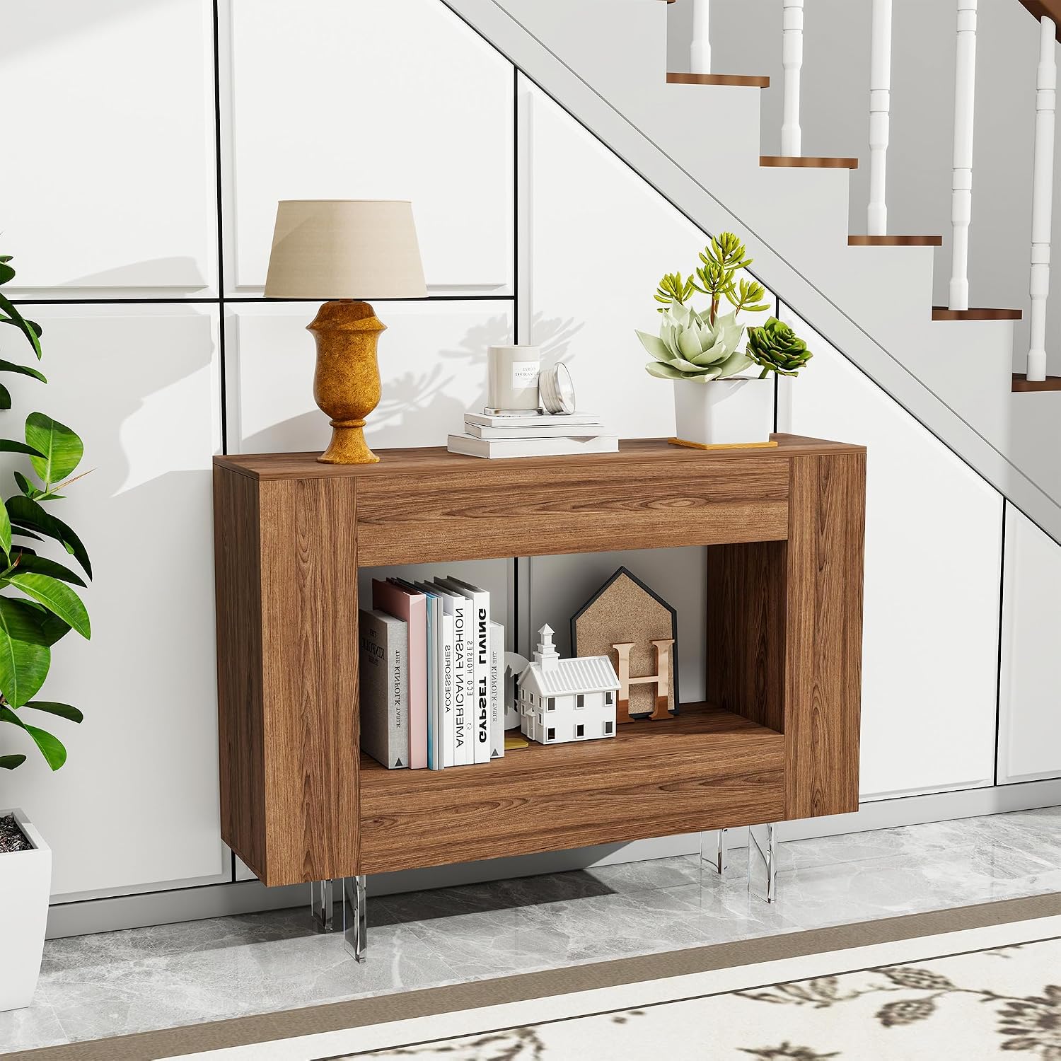 Console Table, Entryway Table with Hidden Storage Cabinets, Adjustable Shelves, Farmhouse Sofa Table for Behind The Couch, Living Room, Hallway, Brown Wood Grain Finish
