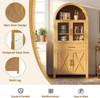 Polibi 71" Tall Arched Kitchen Pantry Cabinet with Glass Doors,Farmhouse Storage Cabinet with Adjustable Shelves & Barn Door Design,Large Freestanding Cupboard for Kitchen, Living, Dining Room,Oak