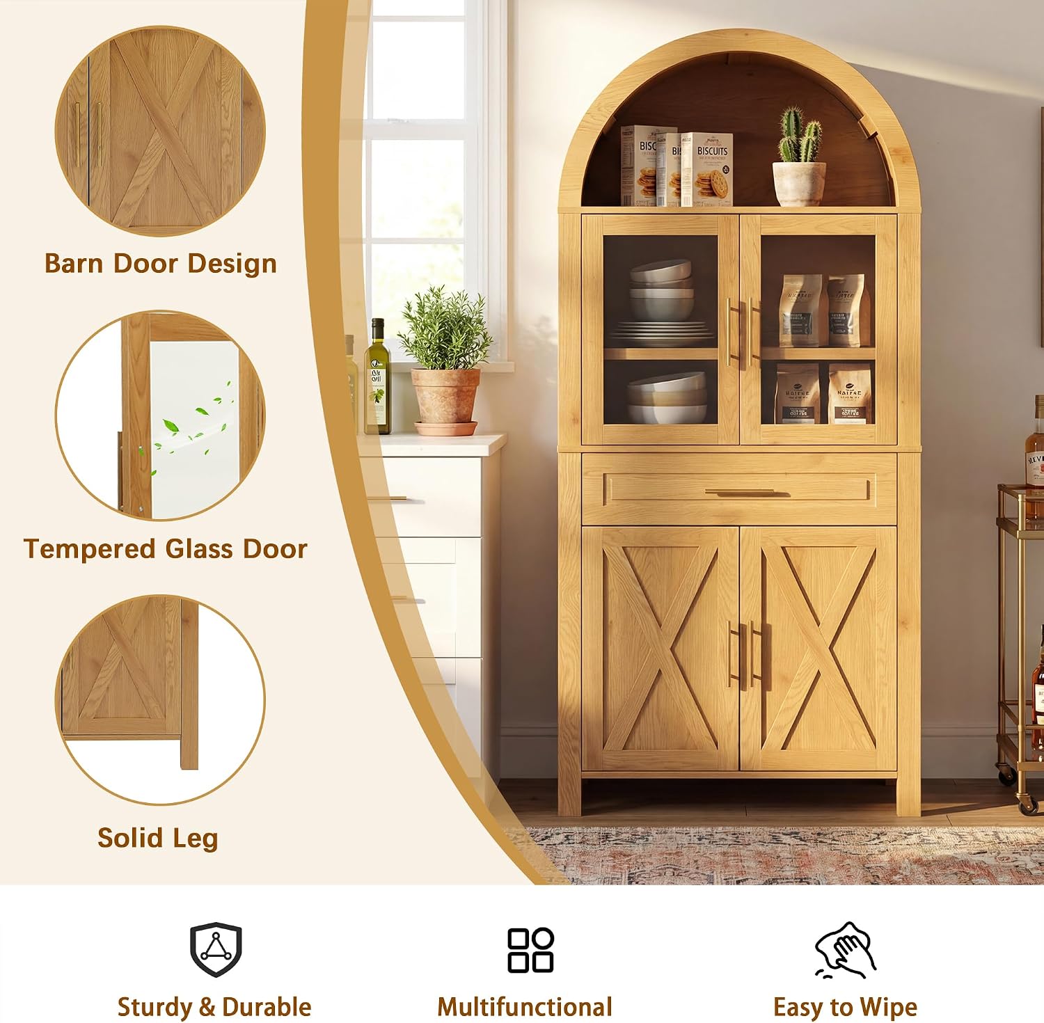 Polibi 71" Tall Arched Kitchen Pantry Cabinet with Glass Doors,Farmhouse Storage Cabinet with Adjustable Shelves & Barn Door Design,Large Freestanding Cupboard for Kitchen, Living, Dining Room,Oak