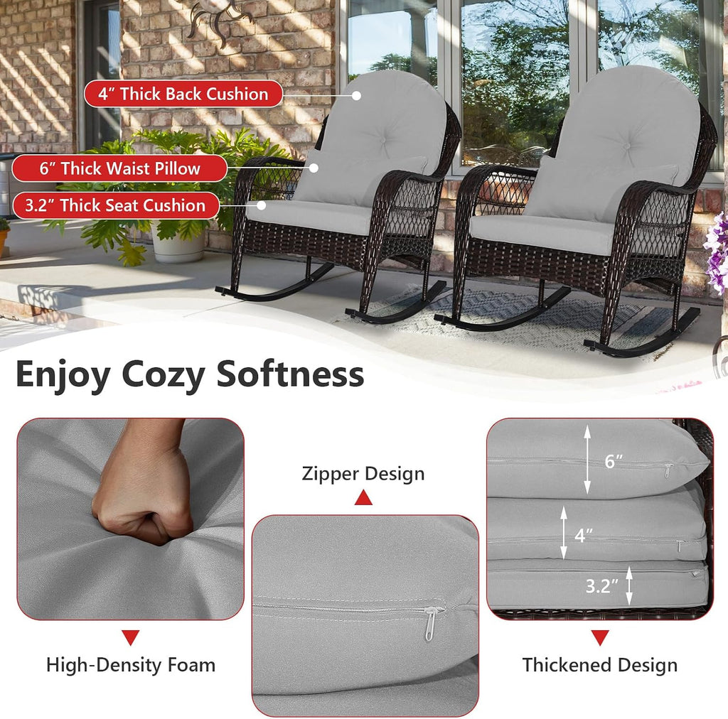 Tangkula Outdoor Wicker Rocking Chair, Patio Rattan Rocker with Seat Back Cushions & Waist Pillow, Sturdy Metal Frame, Mix Brown Outdoor Rocker for Balcony, Porch, Backyard