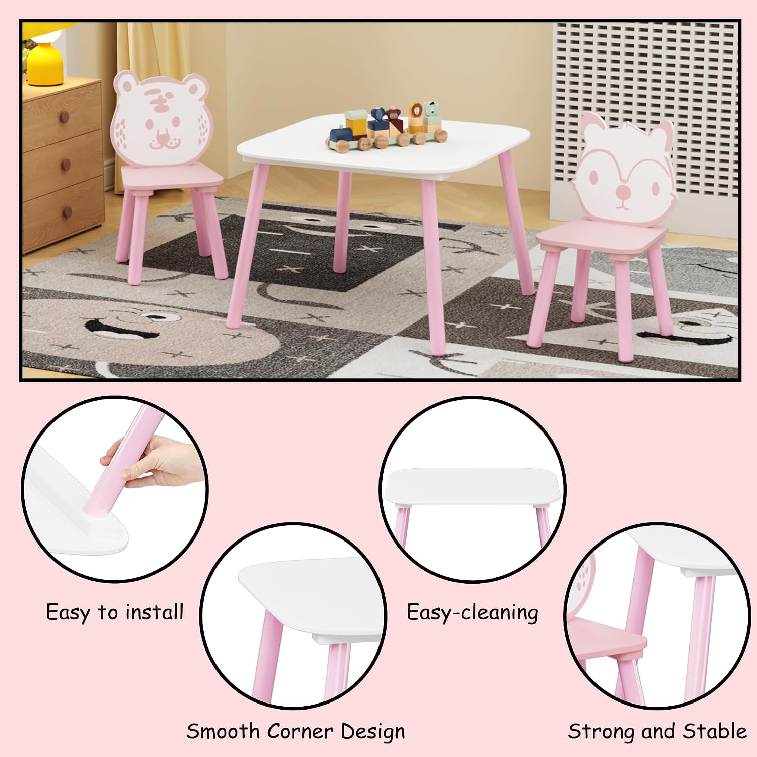 Kids Table and Chair Set 3-Piece Wooden Toddler Desk with Animal Backrest Pink and White Activity Table for Drawing Learning Playroom or Nursery
