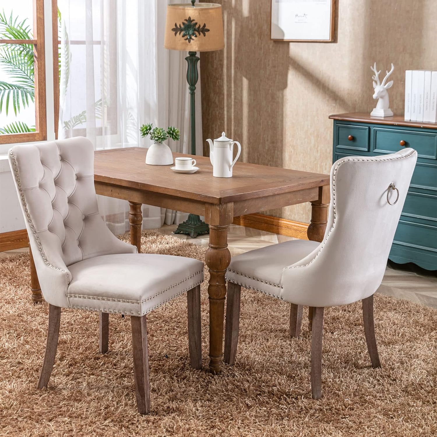 Bellemave Modern Upholstered Dining Chairs Set of 2, 2 Velvet Kitchen Dining Room Chairs with Nailhead Trim for for Living Room, Bedroom,(Beige, Wood Legs)