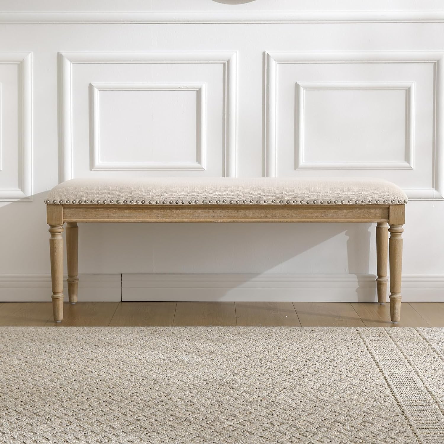 46'' French Country Entryway Bench Wooden Linen Fabric Upholstered Seat Dinng Bench with Nailhead Trim for Hallway End of Bed, Beige