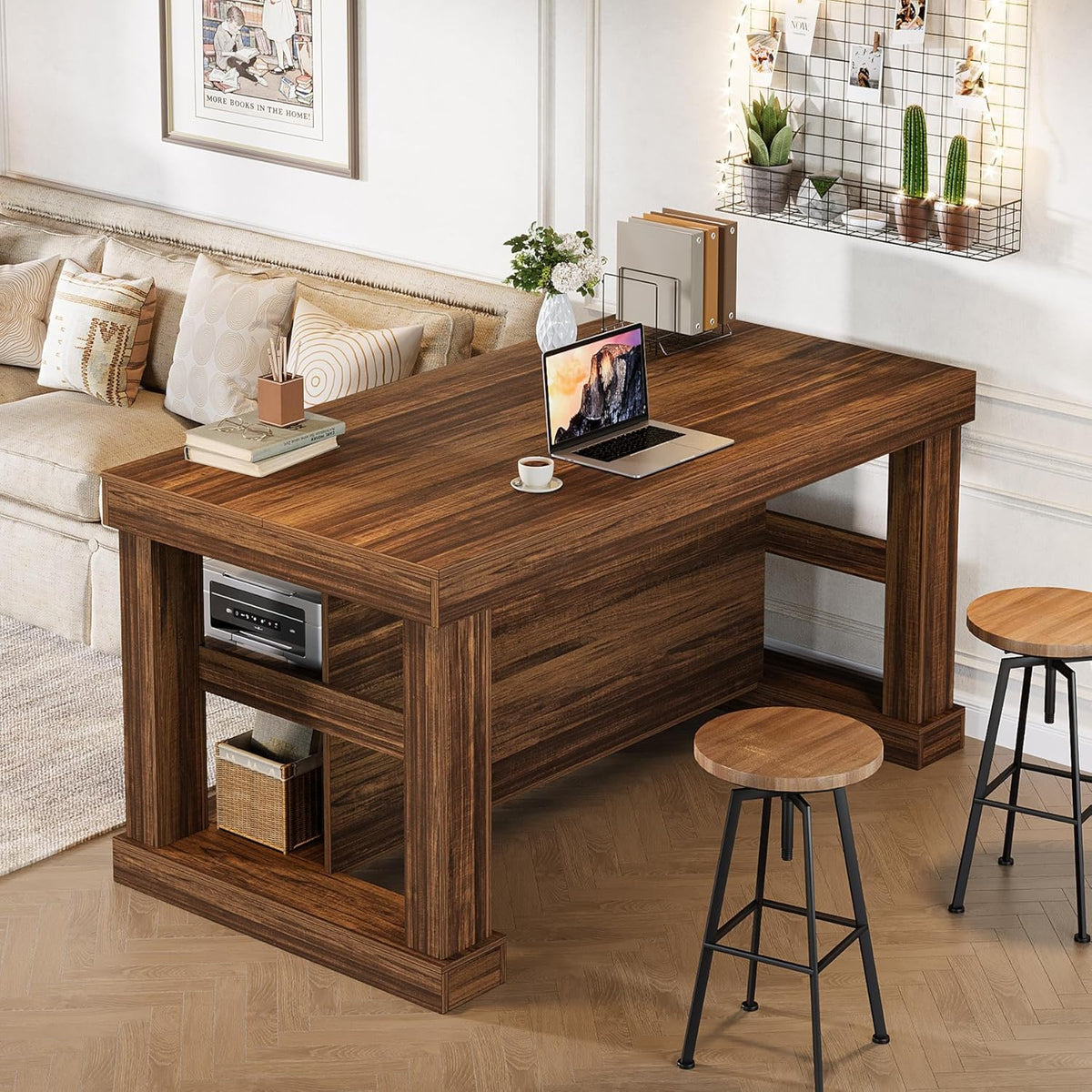 Tribesigns 55-Inch Dining Table for 6, Rectangular Counter Height Dining Table with Storage Shelves, High Top Kitchen Table with Large Tabletop and Stable Wooden Structure, Farmhouse Style, Dark Brown