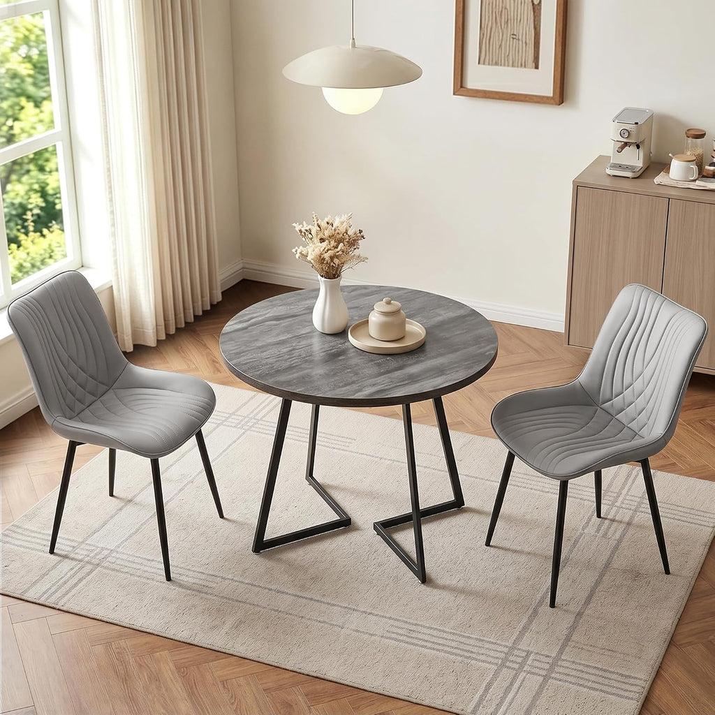 VECELO 3-Piece Dining Table Set, Round Tabletop with Chairs, Grey | Wood Grain Tabletop, 2 Faux Leather Upholstered Chairs, Metal Frame, Space Saving, for Small Apartment, Kitchen, Home Office