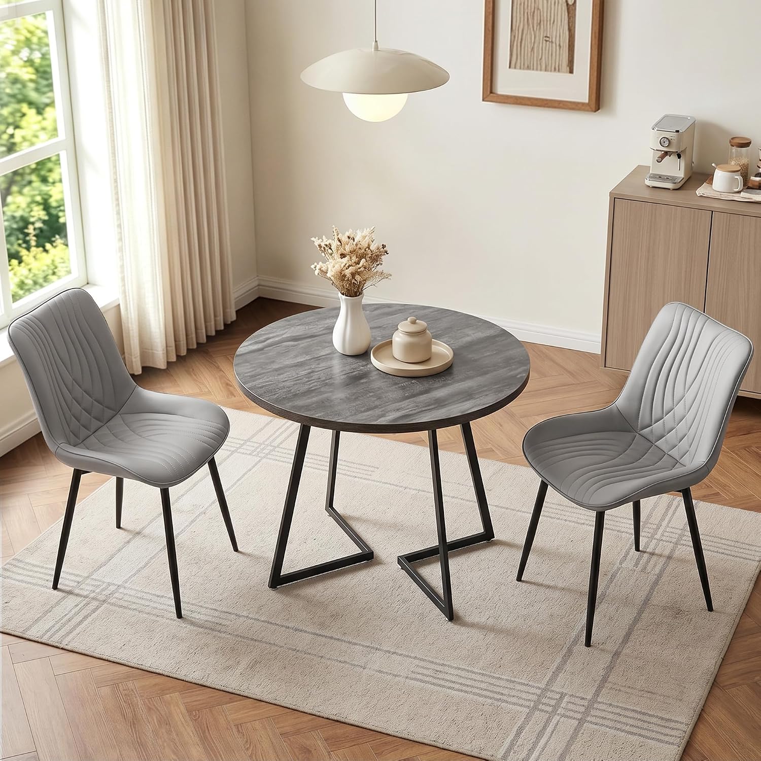 VECELO 3-Piece Dining Table Set, Round Tabletop with Chairs, Grey | Wood Grain Tabletop, 2 Faux Leather Upholstered Chairs, Metal Frame, Space Saving, for Small Apartment, Kitchen, Home Office