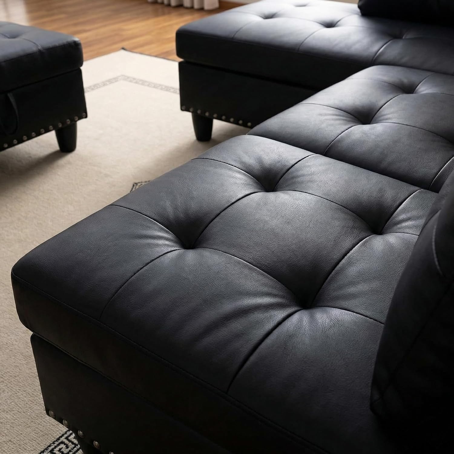 Leather L-Shaped Couch Set, 97.5"L x 69.5"W Sectional Sofas Black | Synthetic PU Leather, Stain-Resistant, 4 Seat Modular Couches with Storage Ottoman& Chaise,Apartment/Office/Living Room