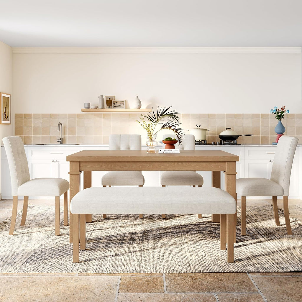 Merax 6-Piece Dining Set, Rectangle Kitchen Table with 4 Upholstered Chairs & Bench, Ideal for Dining Room and Living Room, Natural