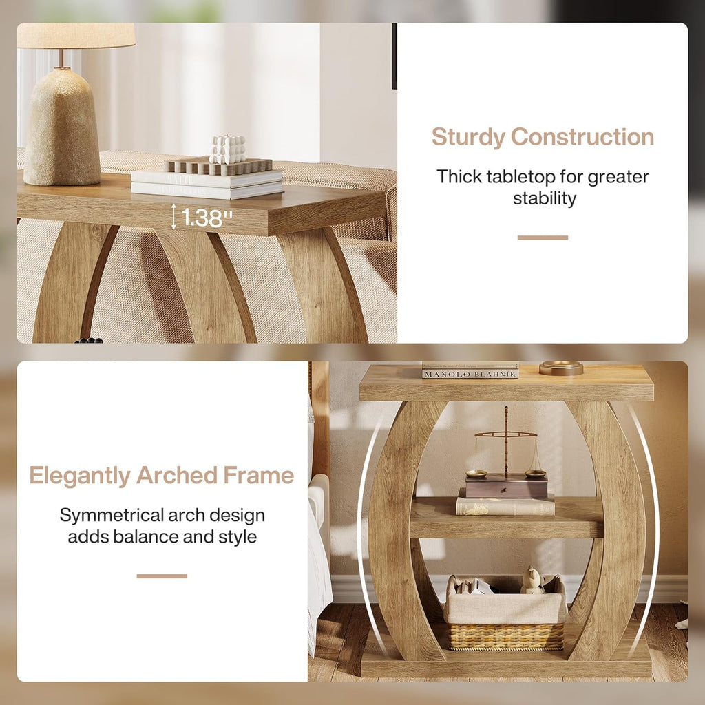 Tribesigns End Table for Living Room, 3-Tier Narrow Side Table with Storage, Farmhouse Wooden Beside Table with Geometric Frame, Tall Nightstand for Bedroom, Small Spaces, Natural Oak