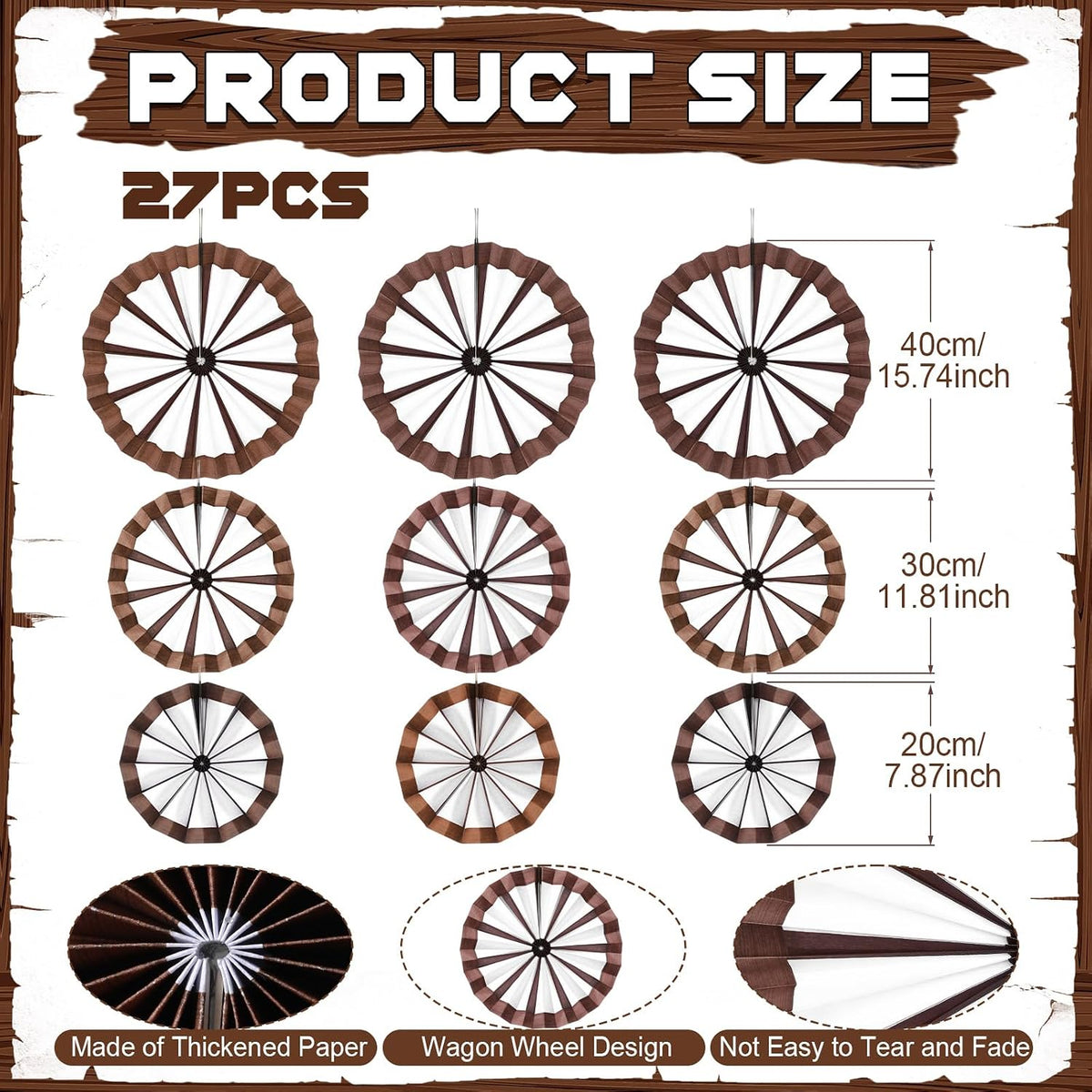Outus 9 Pcs Western Cowboy Party Decorations Paper Fans Wagon Wheels Straw Hay Bales Hanging Ceiling Wall Decor for Country Western Themed Rodeo Farm Birthday Party Supplies (Wagon Wheels)
