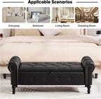 Storage Bench for Bedroom, Faux Leather 51" End of Bed Bench, Queen Size Bench with Rolled Arms, Tufted Storage Ottoman Benches, Upholstered Bench for Bedroom, Living Room, Entryway, Black