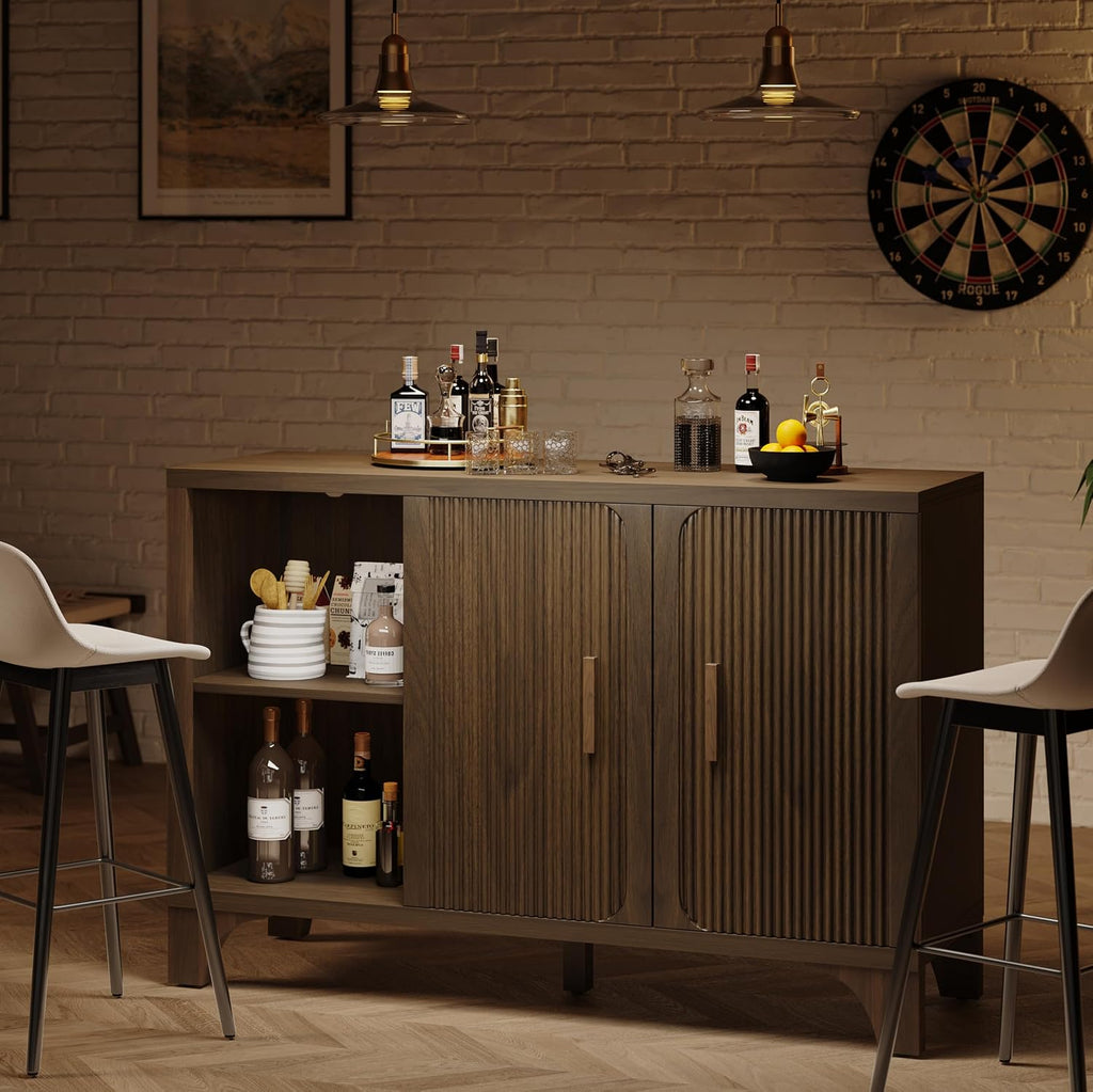 Mid Century Modern Fluted Buffet Cabinet with Storage, Accent Sideboard and Credenza Storage Cabinet with Doors, Wood Coffee Bar Console for Kitchen, Living Room (Walnut Brown, 47" 2-Door)