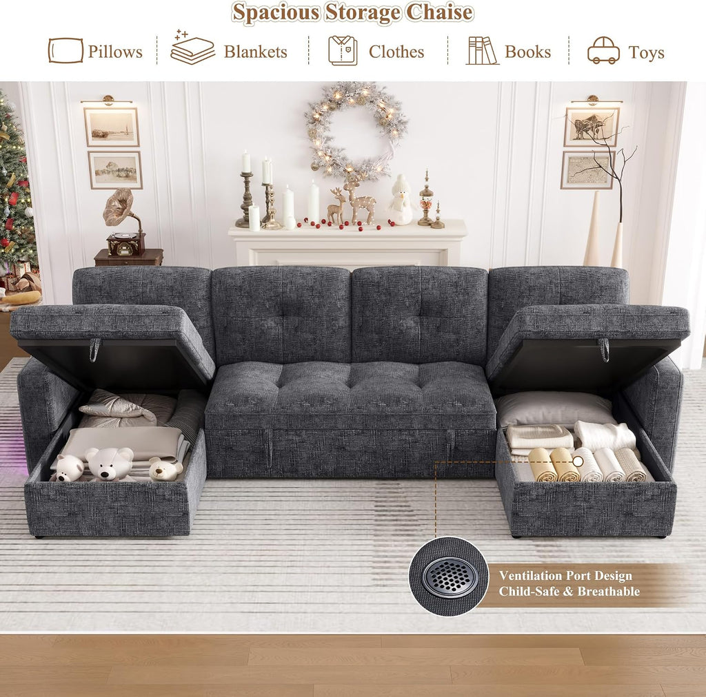 107'' LED U-Shaped Sectional Couch for Living Room, Sleeper Sofa Bed, Grey | Comfy Chenille Cloud Couch, Pull Out Bed, Storage Chaise, 5-level Adjustable Backrest, USB Charging, 2 Pillow,1100LB Capacity