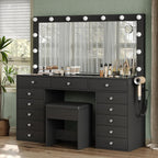 FUSOU Makeup Vanity with Power Outlet & Lighted Mirror, 13 Drawers Vanity Desk, 3 Lighting Modes Adjustable, Glass Top, Dressing Table with Chair for Bedroom (Black)