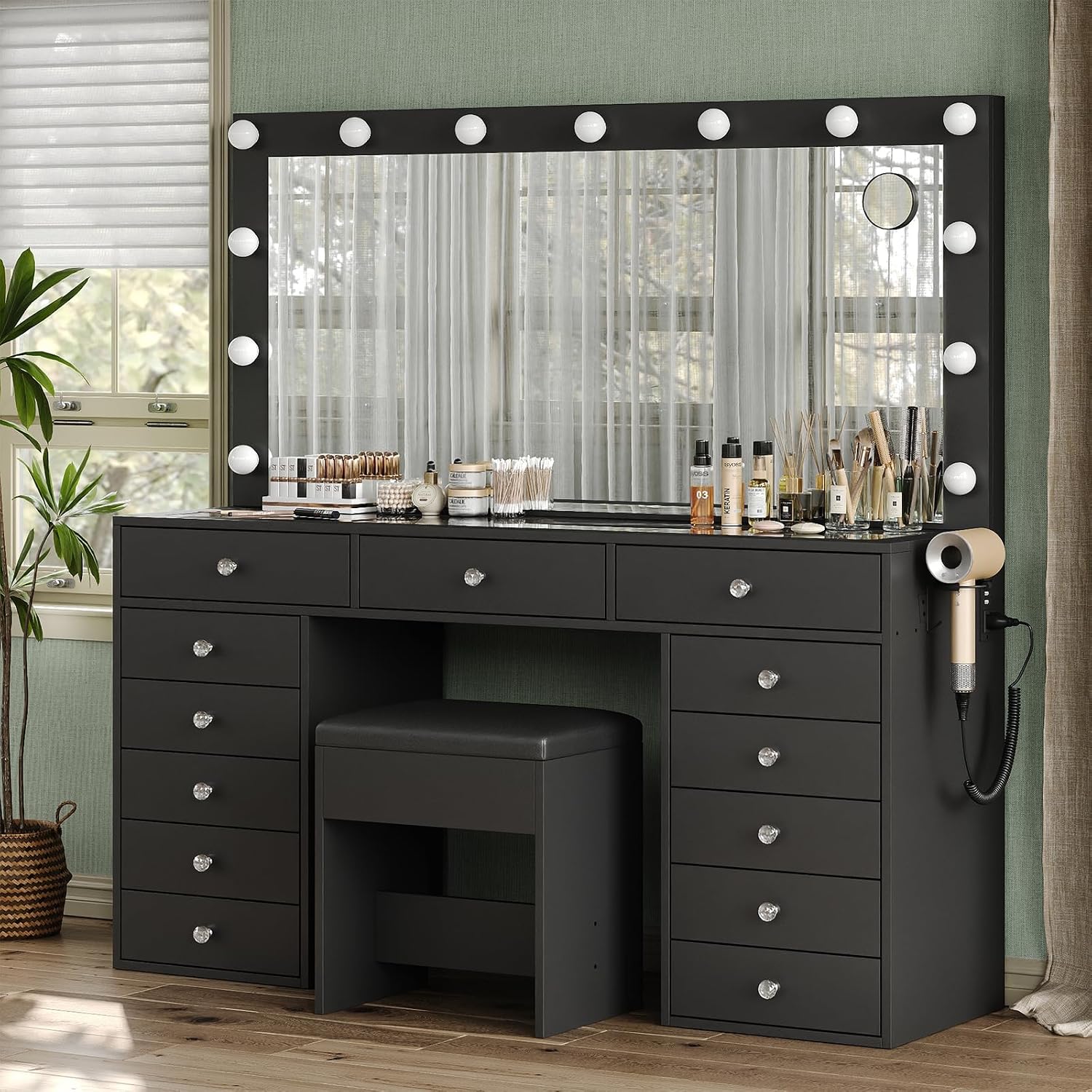 FUSOU Makeup Vanity with Power Outlet & Lighted Mirror, 13 Drawers Vanity Desk, 3 Lighting Modes Adjustable, Glass Top, Dressing Table with Chair for Bedroom (Black)
