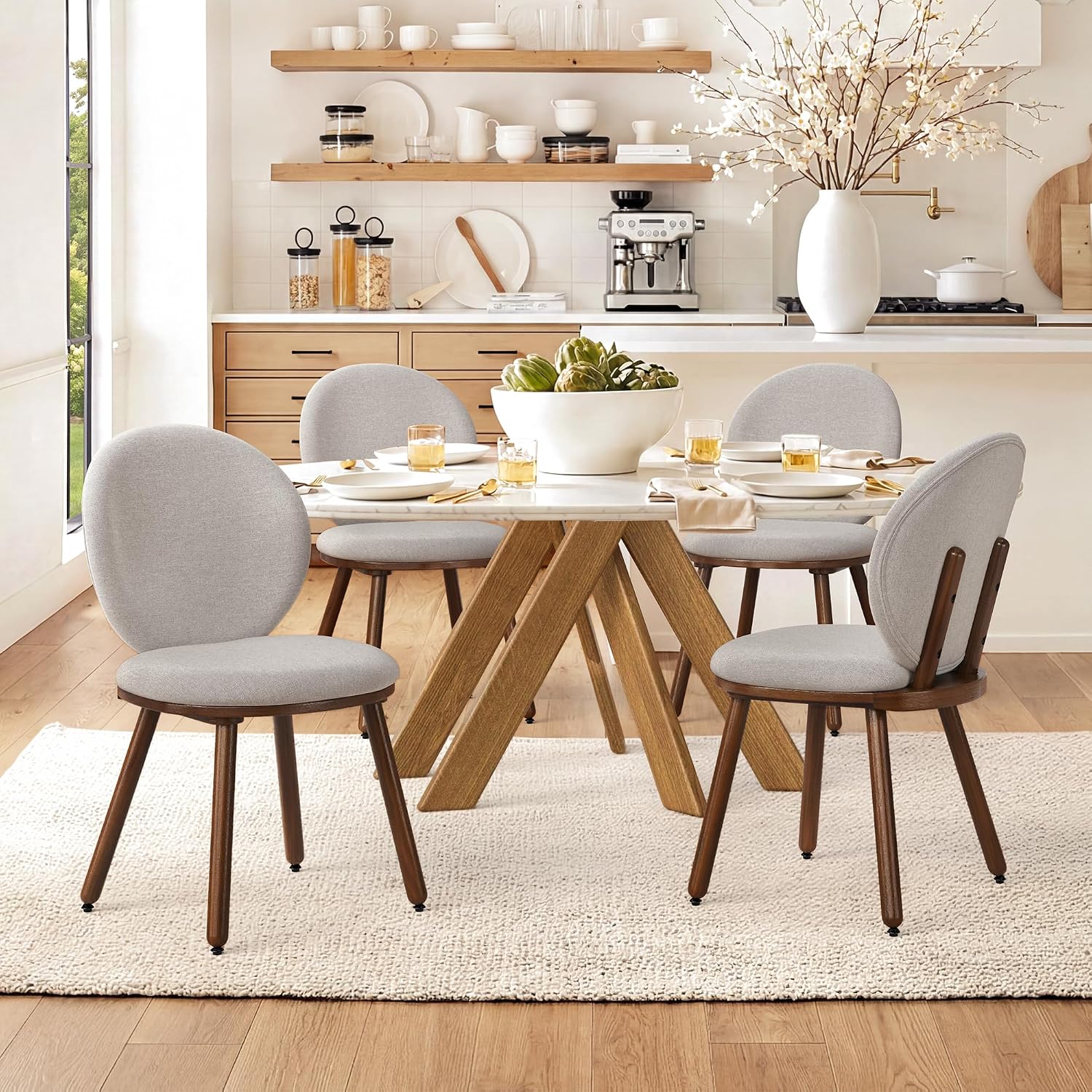 LUE BONA Dining Chairs Set of 4, Upholstered Fabric Kitchen Chairs with Dual-Spine Backrest, Kitchen Chair with Solid Wood Legs and Ergonomic Curved Seat, Easy Assembly for Kitchen Dining Room, Gray