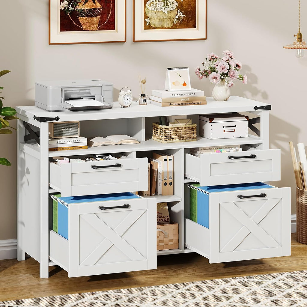 Halitaa File Cabinet with Open Storage Shelf for Home Office, White | Farmhouse, Lateral Filing Organization Storage Cabinets, 4 Drawers, Adjustable Shelf, Hanging Files Letter/A4