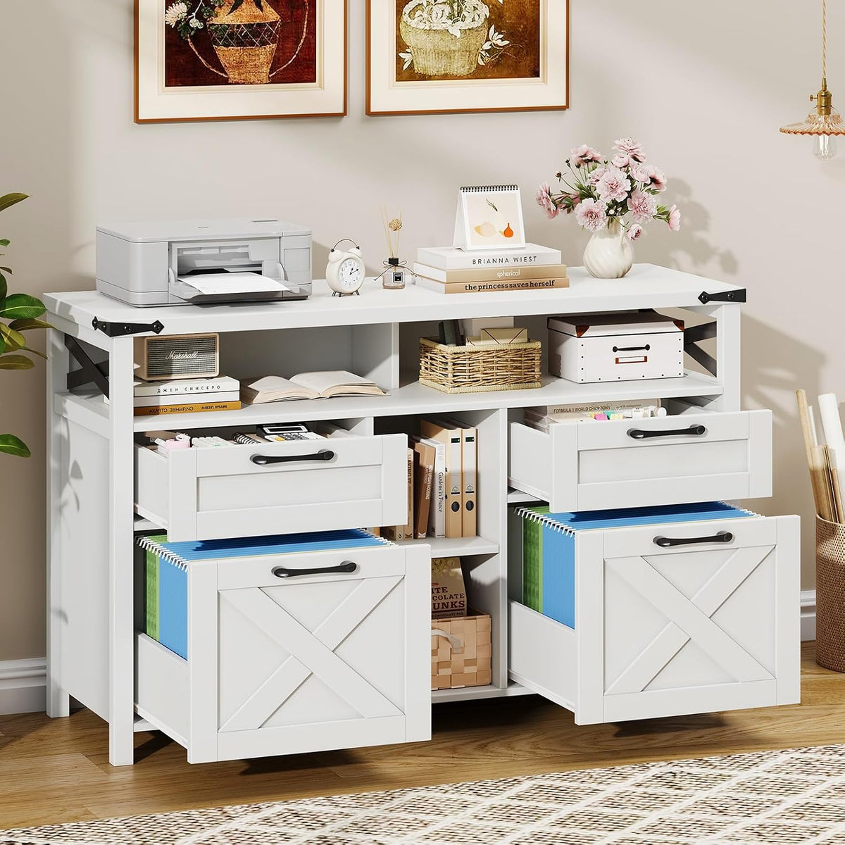 Halitaa File Cabinet with Open Storage Shelf for Home Office, White | Farmhouse, Lateral Filing Organization Storage Cabinets, 4 Drawers, Adjustable Shelf, Hanging Files Letter/A4