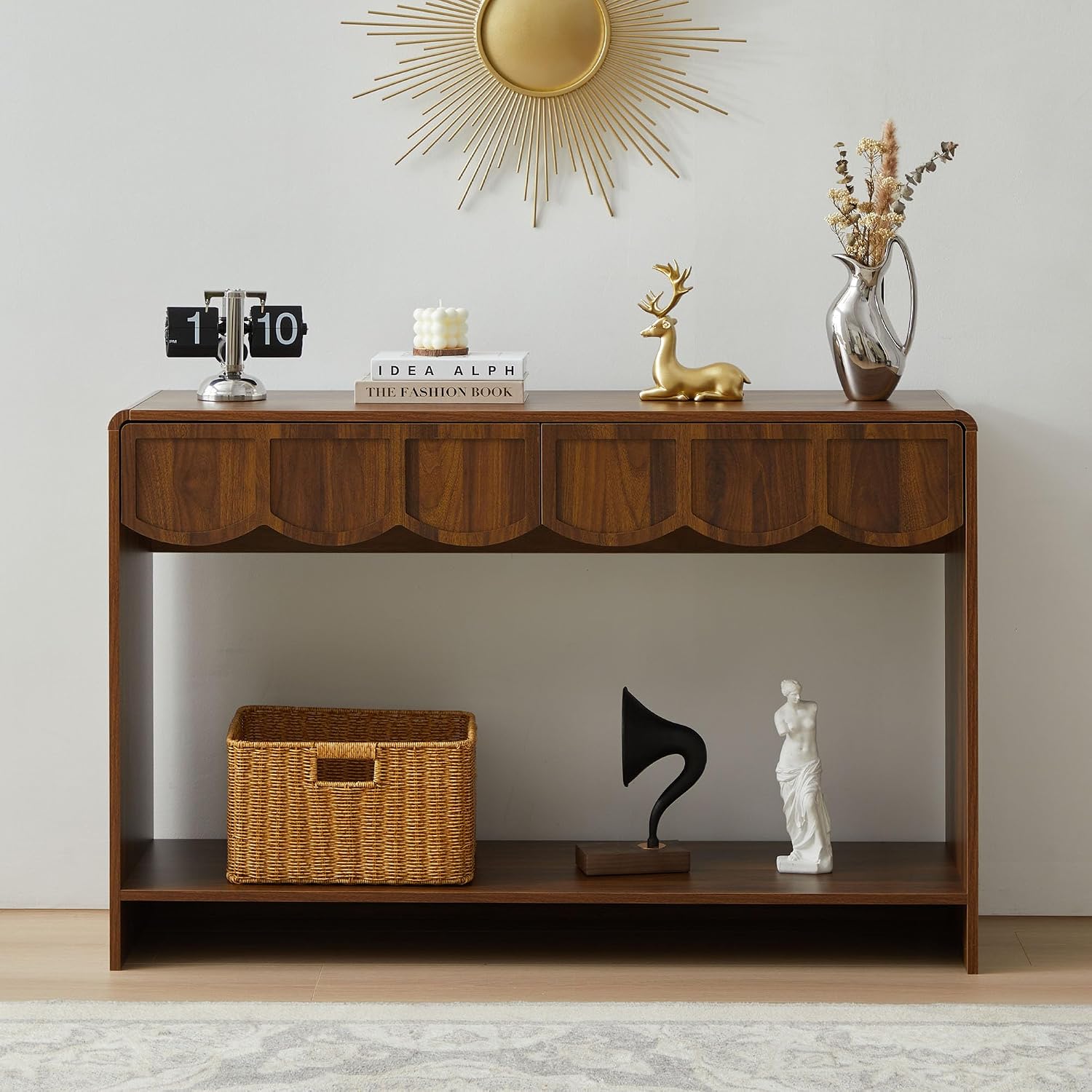 ORRD Console Table with Drawers, Mid-Century 43 Inches Narrow Entryway Tables with Open Storage Shelves, Hallway Accent Tables Behind Couch Table for Living Room - Walnut