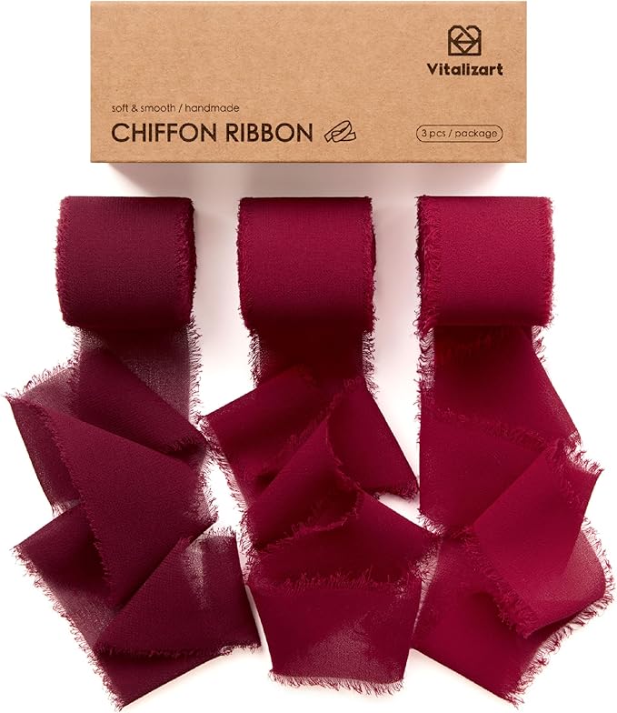 Vitalizart Red Handmade Chiffon Silk Ribbon Fringe 1.5" x 21 Yd Burgundy Frayed Edges Ribbons for Wedding Invitations Bridal Bouquets Gifts Wrapping Crafts Holiday Party Decorations