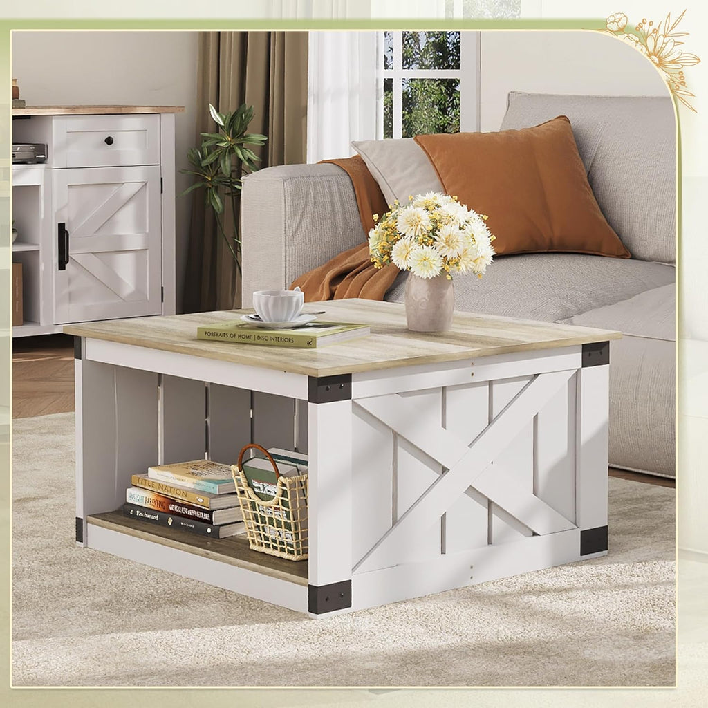 WLIVE Coffee Table, Farmhouse Coffee Table with Open Storage, 31.5" Wood Square Living Room Tables, Rustic Dining Cocktail Center Table for Living Room, Grey & White