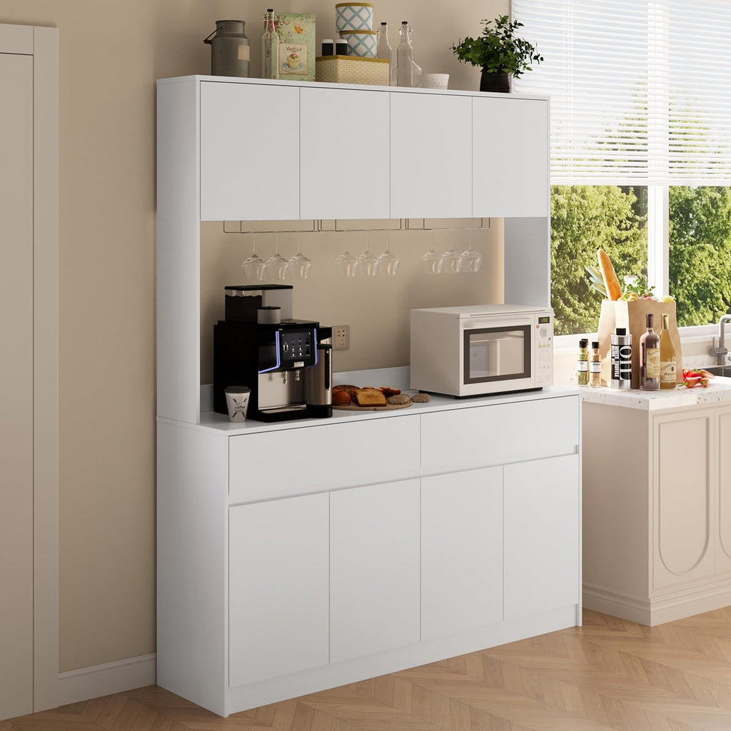 Mekminop Kitchen Hutch Storage Cabinet, 63" W Large Pantry Cabinets with Microwave Oven Countertop, Freestanding Kitchen Pantry Storage Cabinet with 4 Doors, 2 Drawers and 7 Shelves, White