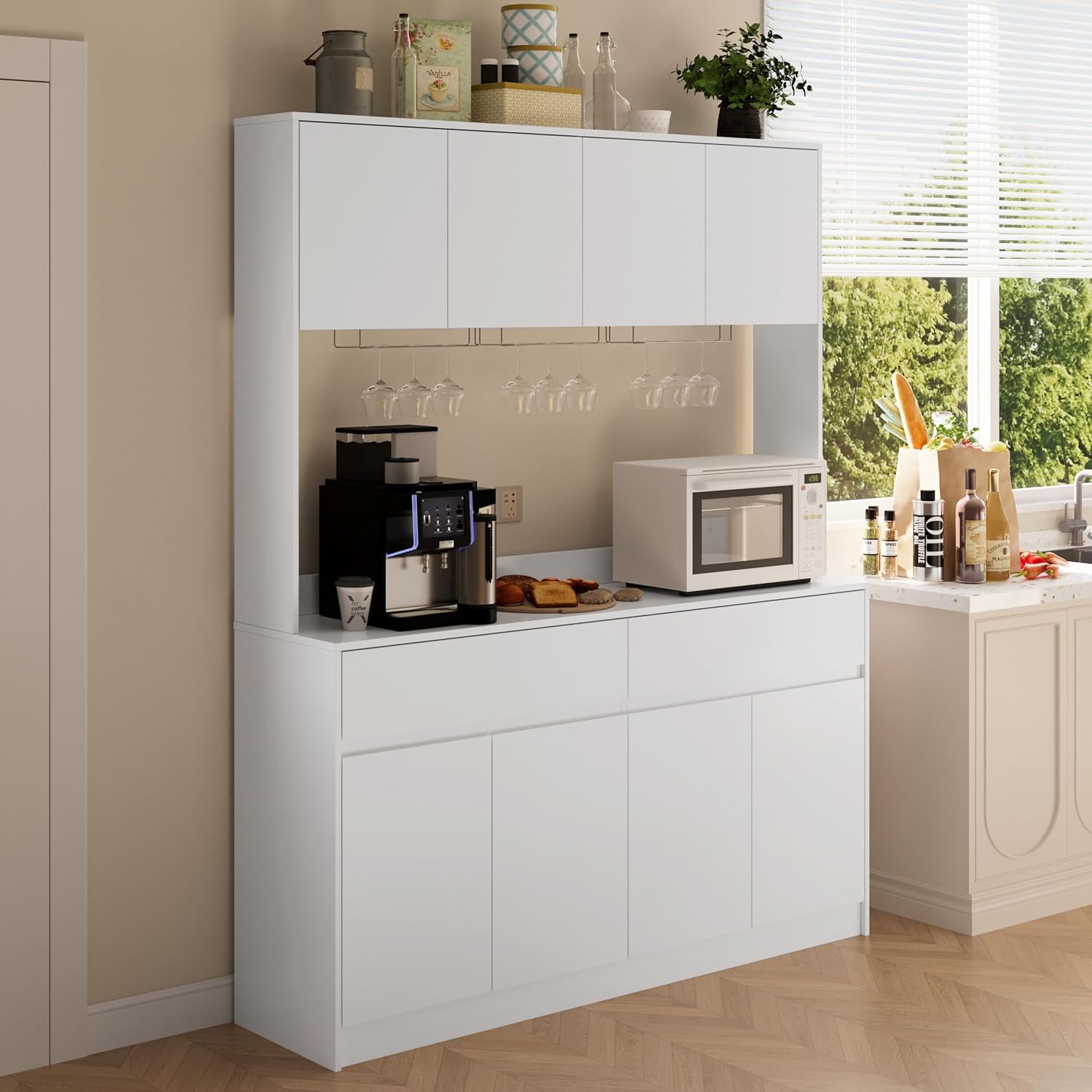 Mekminop Kitchen Hutch Storage Cabinet, 63" W Large Pantry Cabinets with Microwave Oven Countertop, Freestanding Kitchen Pantry Storage Cabinet with 4 Doors, 2 Drawers and 7 Shelves, White