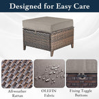 Patio Wicker Ottomans Set of 2, All Weather Outdoor Rattan Ottoman Seat, 2 Pieces Outdoor Patio Ottomans, Outdoor Footstool Footrest Seat, Brown Wicker Grey Cushions