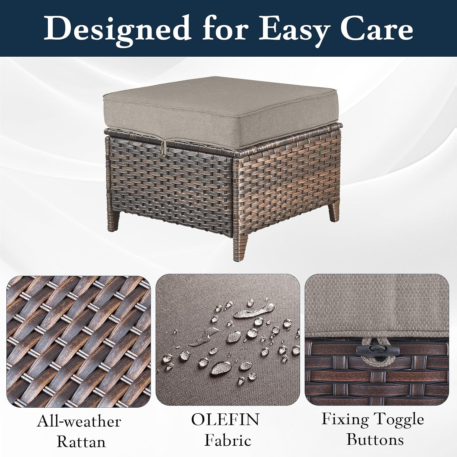 Patio Wicker Ottomans Set of 2, All Weather Outdoor Rattan Ottoman Seat, 2 Pieces Outdoor Patio Ottomans, Outdoor Footstool Footrest Seat, Brown Wicker Grey Cushions