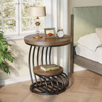 LITTLE TREE Round Side Table, Wood End Table with 2-Tier Storage Shelf, Accent Coffee Table, Curved Metal Frame End Table for Small Spaces, Living Room, Bedroom, Light Brown + Black