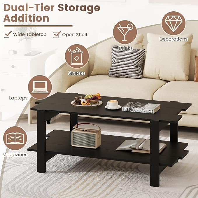 Giantex Coffee Table with Storage, 45 Inch Modern Center Table with Slatted Design & Side Rail Support, Rectangular Living Room Table for Small Spaces, Black