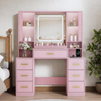 BORNOON Vanity Desk with Mirror and Lights, Makeup Vanity with 7 Drawers, 2 Glass Door Cabinets, Charging Station, Adjustable Shelves, RGB Lighting, Holder