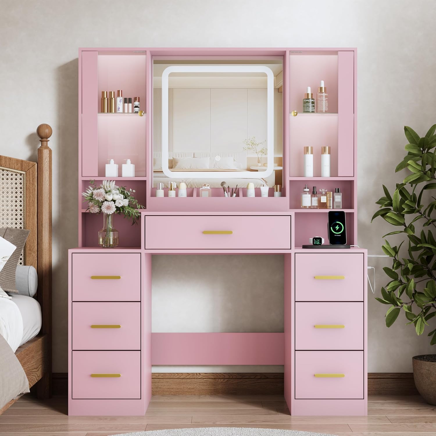 BORNOON Vanity Desk with Mirror and Lights, Makeup Vanity with 7 Drawers, 2 Glass Door Cabinets, Charging Station, Adjustable Shelves, RGB Lighting, Holder