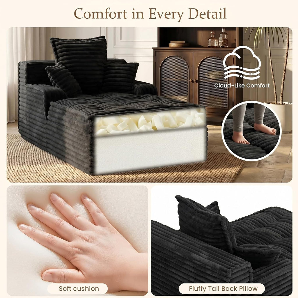 Chaise Lounge Couch Indoor, Small Corduroy Upholstered Sleeper Sofa Bed Reading Chairs with 3 Pillows, Fluffy Comfy Cloud Sofas Couches, Compression Sofa for Small Corner