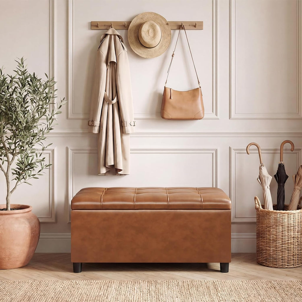 Asense Storage Ottoman Bench,Faux Leather Upholstered Ottoman with Storage,End of Bed Bench with Safety Hinge,for Entryway,Bedroom,Living Room