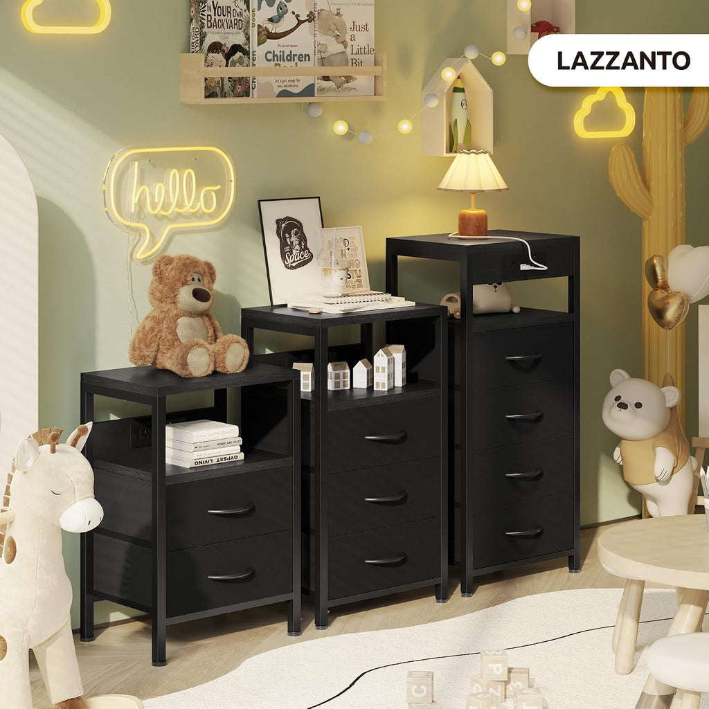 Lazzanto Night Stand with Charger Station for Bedroom, Black Nightstand | Bedside Table, Open Shelf, 2 Fabric Drawers, Built in USB-A, USB-C Port & AC Outlets, For Dorm, Living Room, Bedroom