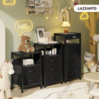 Lazzanto Night Stand with Charger Station for Bedroom, Black Nightstand | Bedside Table, Open Shelf, 2 Fabric Drawers, Built in USB-A, USB-C Port & AC Outlets, For Dorm, Living Room, Bedroom