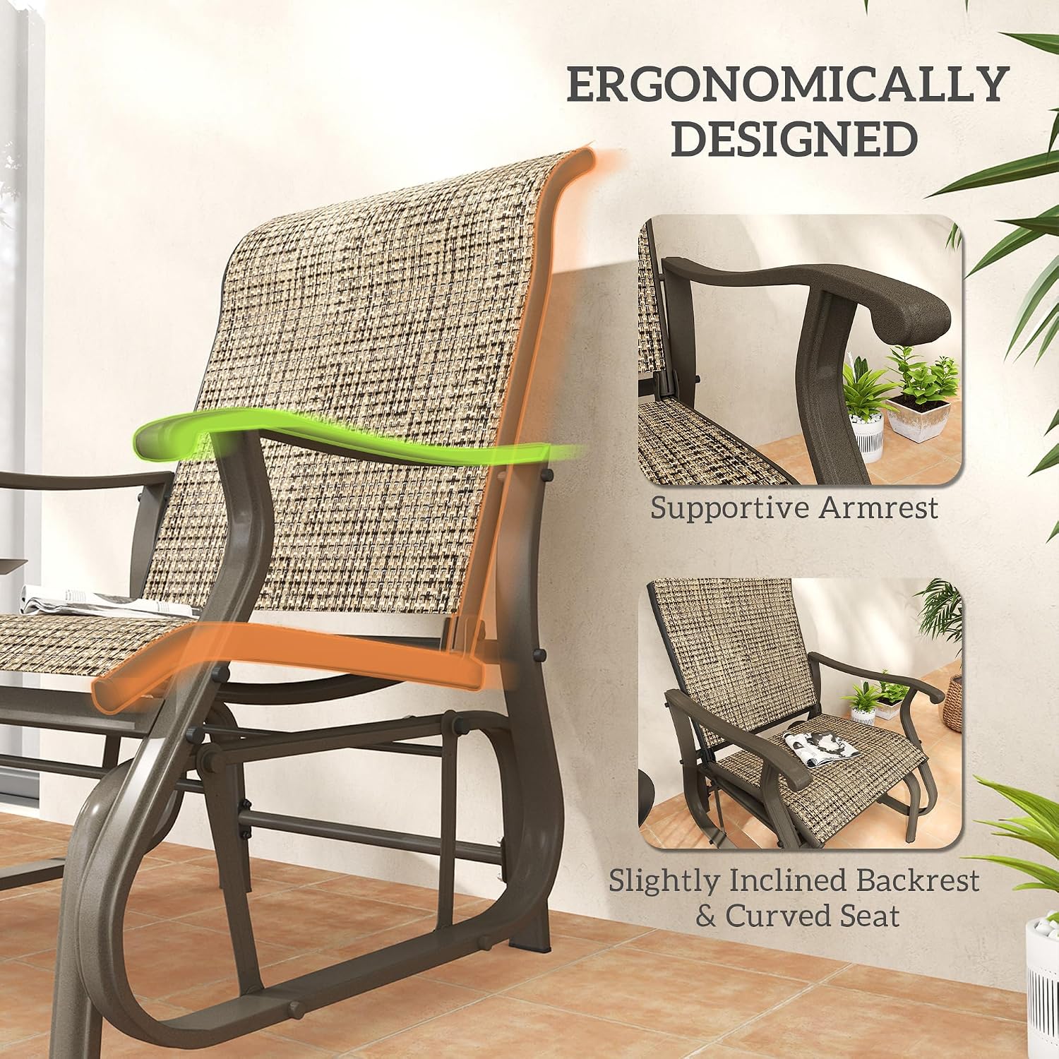 Outsunny Outdoor Glider Chair Patio Garden Steel Frame Light Mixed Brown | Gliders for Outside Patio, Mesh Fabric, Backyard, Porch