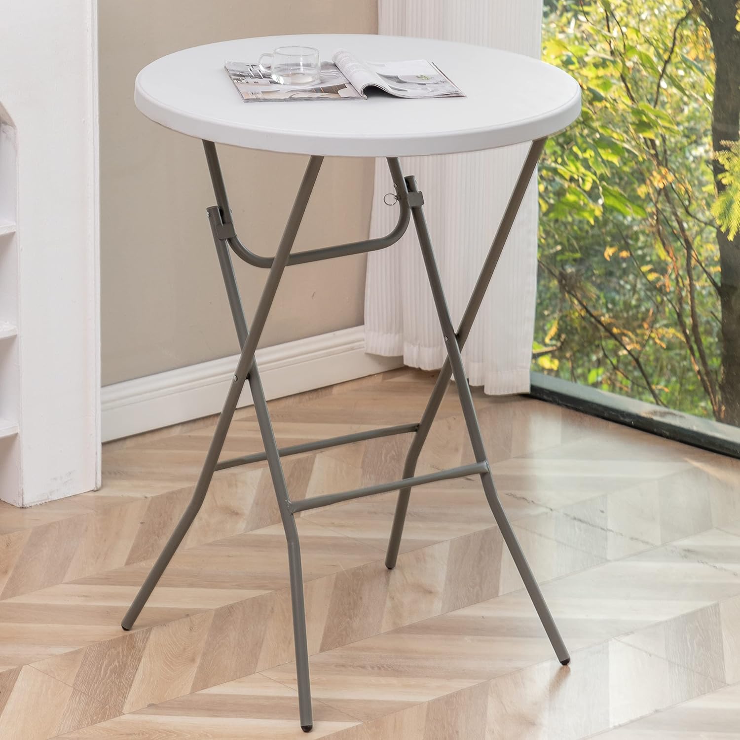 BTExpert 32" Round 43" Bar Height White Granite Plastic Folding Table Portable Commercial Table Banquet Card Coffee Dining Table for Wedding Party Event Home Kitchen Outdoor Set of 4
