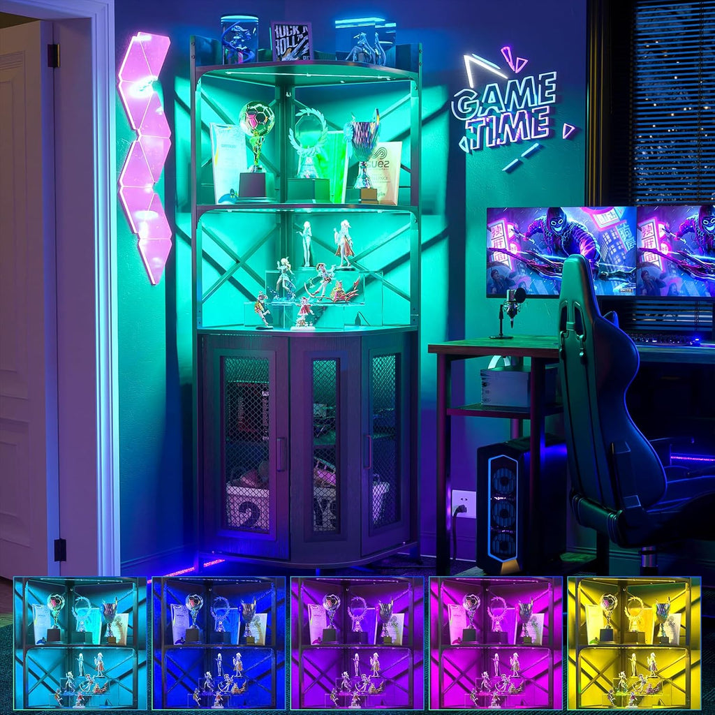 Aheaplus Corner Bar Cabinet with Power Outlet, Industrial Liquor Cabinet | 5-Tiers Wine Cabinet Mini Bar Unit with LED Strip and Glass Holder for Home, Corner Display Cabinet for Small Space, Black