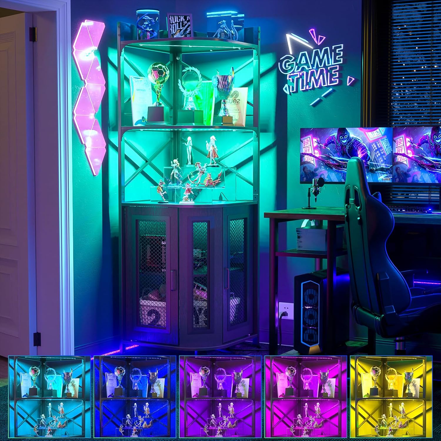 Aheaplus Corner Bar Cabinet with Power Outlet, Industrial Liquor Cabinet | 5-Tiers Wine Cabinet Mini Bar Unit with LED Strip and Glass Holder for Home, Corner Display Cabinet for Small Space, Black