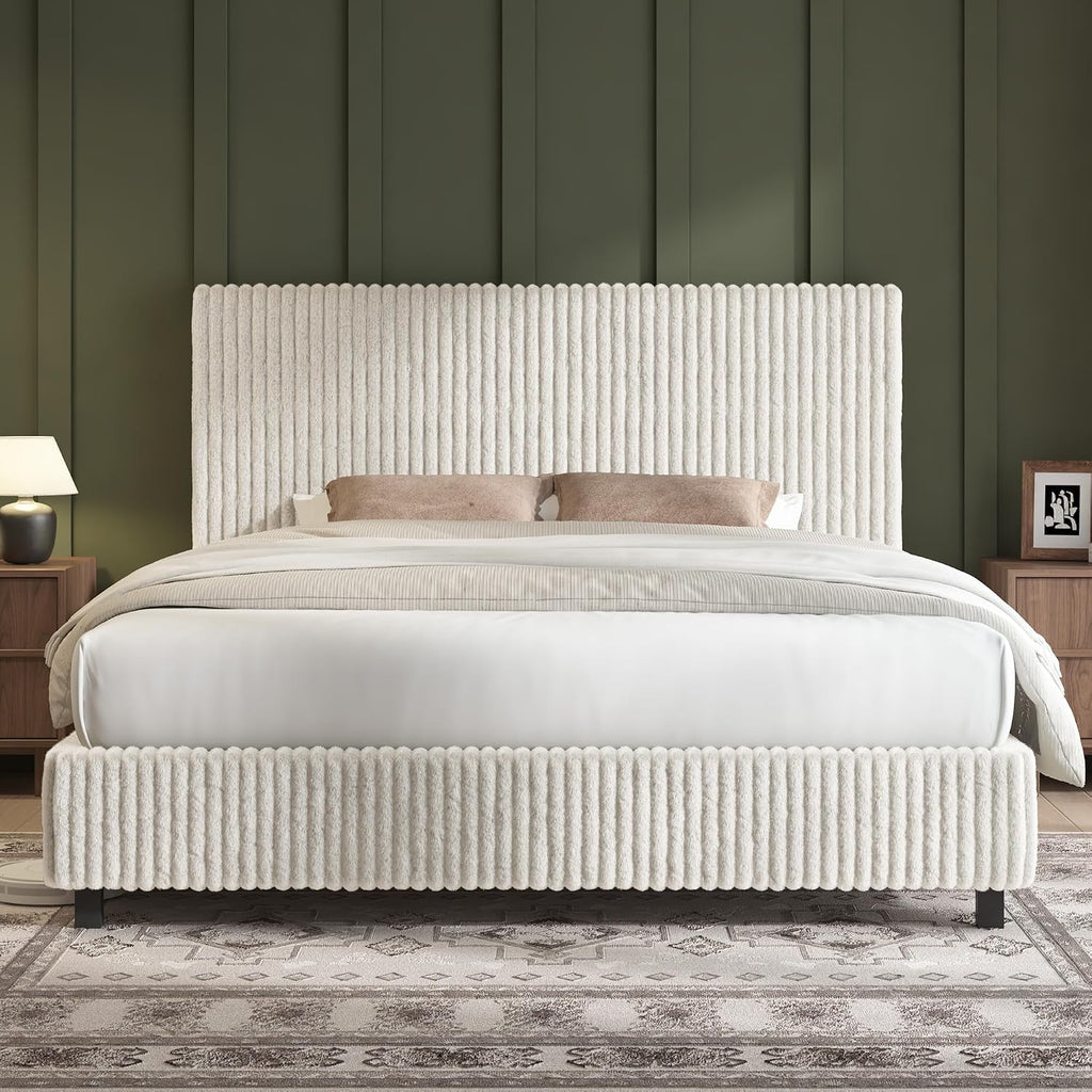 AMERLIFE Full Bed Frame, Upholstered Metal Platform Bed, Cream