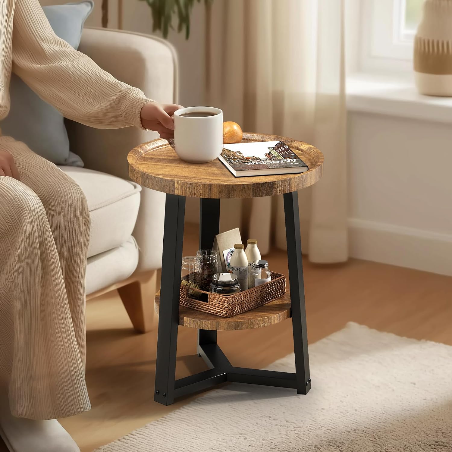 PPAMAPIC Round End Table, 2 Tier Side Table with Storage Shelf, Nightstand Accent Table for Living Room Bedroom Small Space, Black Metal Frame, 15.7" D x 19.7" H, Rustic Brown