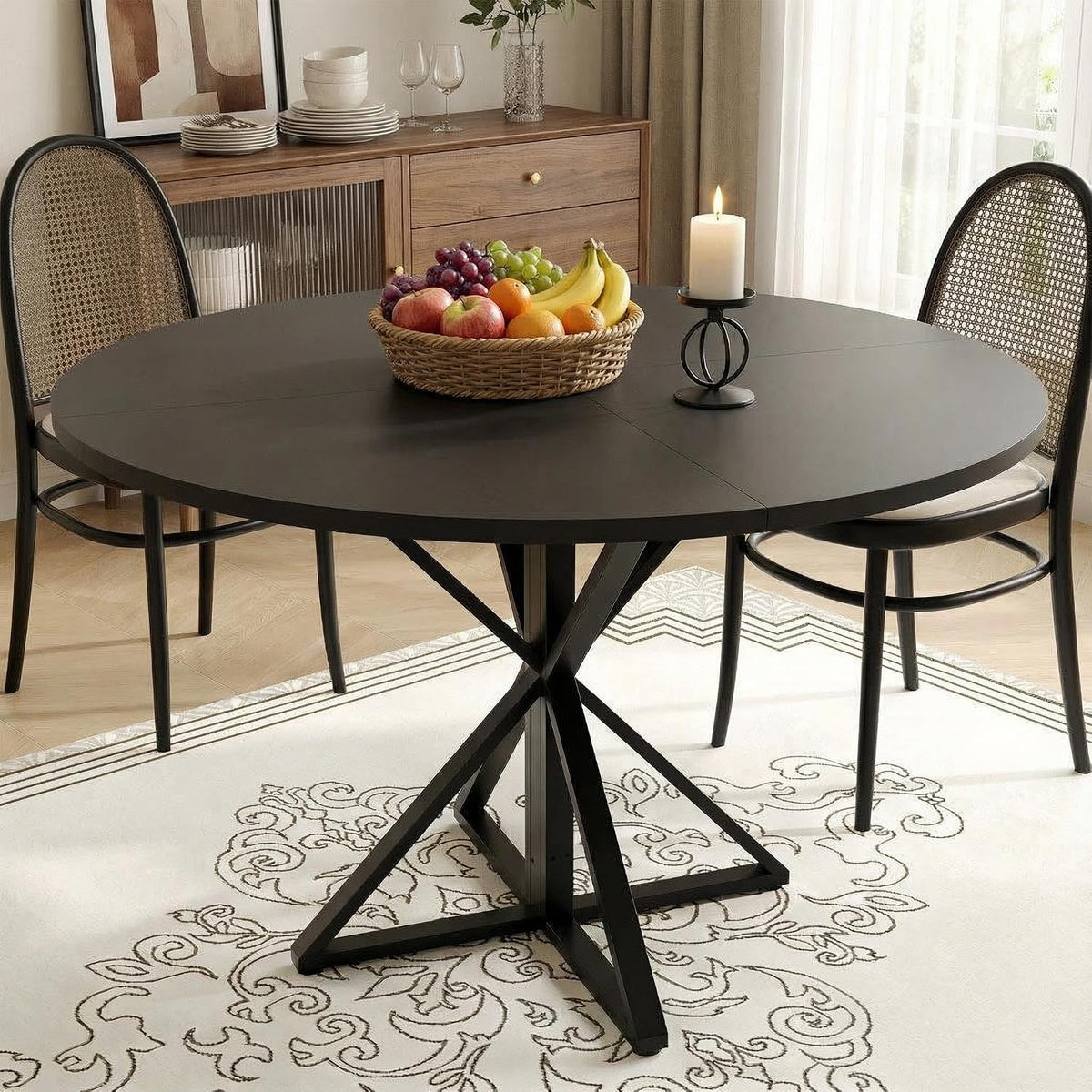 GarveeHome 47 Inch Round Dining Table for 4, Circle Kitchen Table with Pedestal Base, Farmhouse Wooden Dining Table for Small Spaces, Kitchen & Dining Room, Living Room（Black/Only Table）
