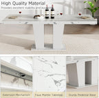 78.74" Extendable Dining Table for 6 8 10 Person, Modern White Faux Marble Expandable Kitchen Table with Dual Column Pedestal, Large Rectangle Wooden Expanding Table for Kitchen Dining Conference Room
